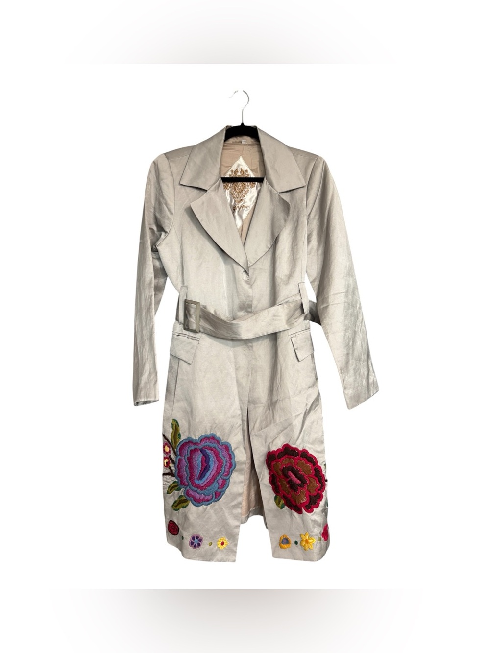 Biya by Johnny Was Embroidered Linen Blend Belted Trench Coat Jacket Size L